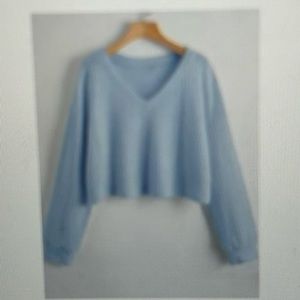 Shein light blue thermal V neck cropped long sleeve top size 2X
